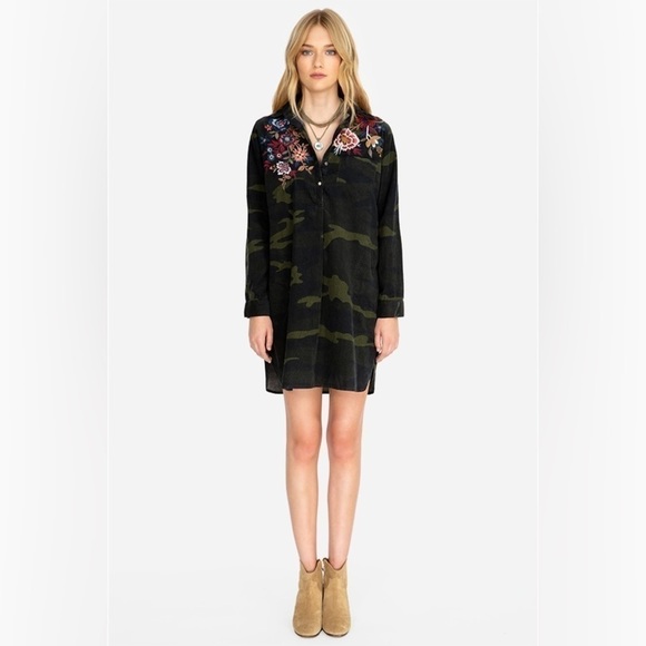 Johnny Was Workshop Margot Collared Tunic Dress Size L Camouflage Embroidered